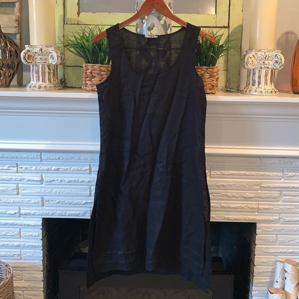 Garnet Hill Black 100% Linen Scoop Neck Tank Dress with Side Slits Size 2